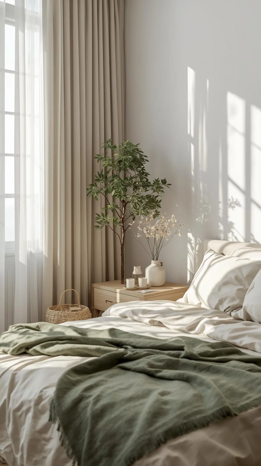 Natural decor ideas for apartments bedroom with plants, rattan basket, and linen bedding for a calming balance.