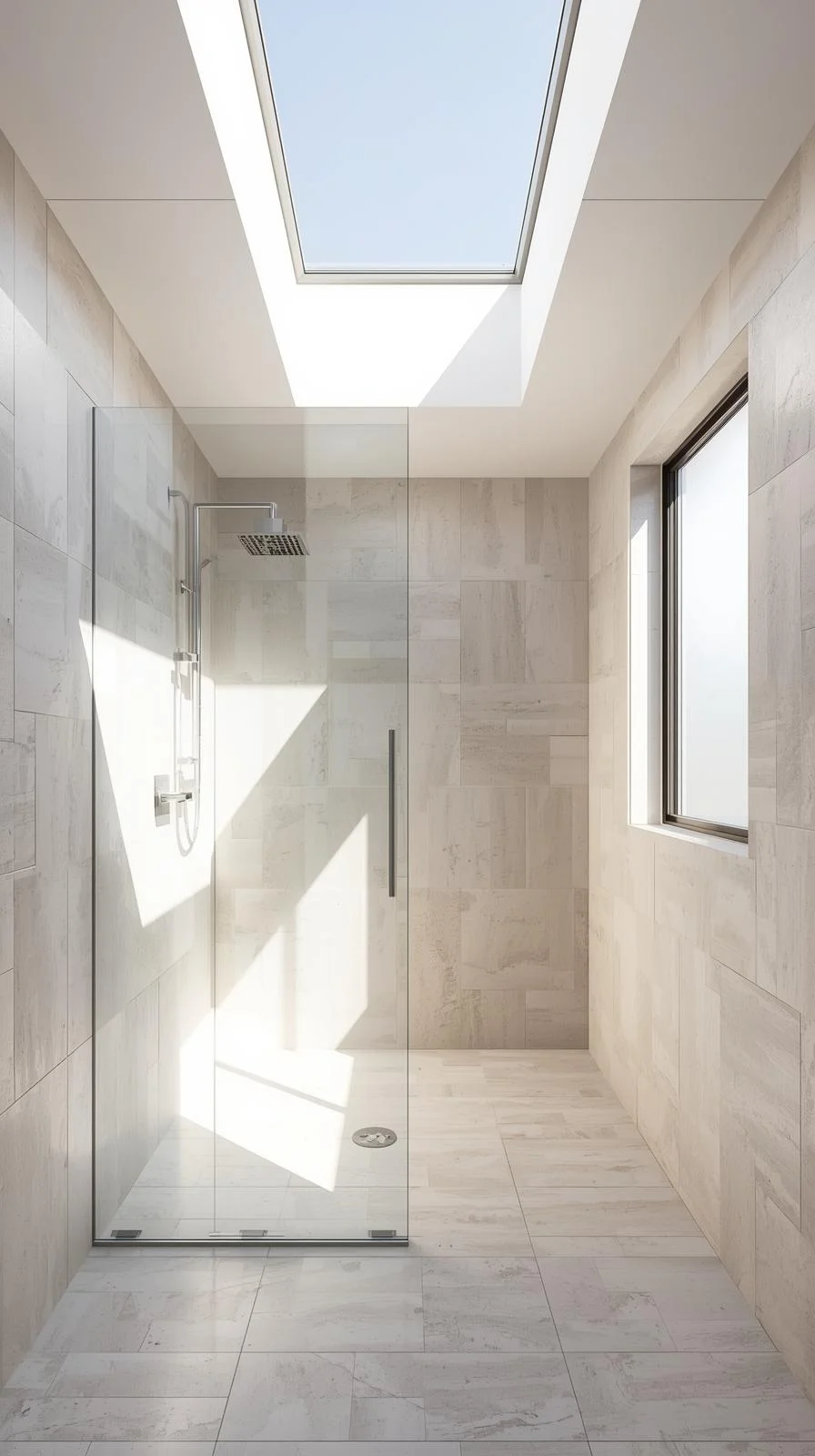 Walk in shower with wall no door ideas using skylights and high windows to bring in natural light.