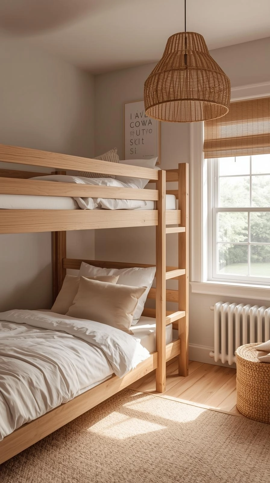 Bunk bedroom decor ideas featuring natural materials like wood, wicker, cotton, and rattan for a calm and timeless style.