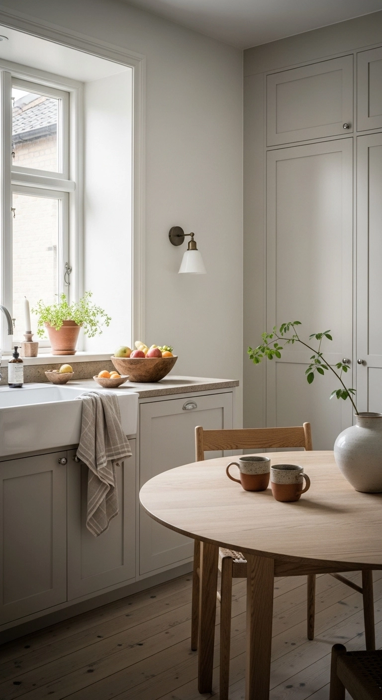 Natural materials like stone, wood, and clay in a cozy Nordic kitchen showcasing warm Scandinavian kitchen ideas.