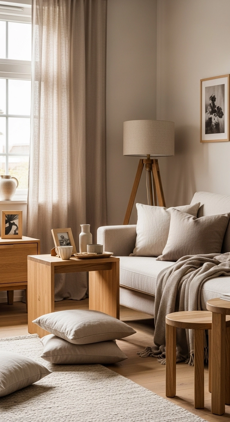 Natural materials like wood, wool, and linen used in a cozy Scandinavian living room with soft light and warm textures.