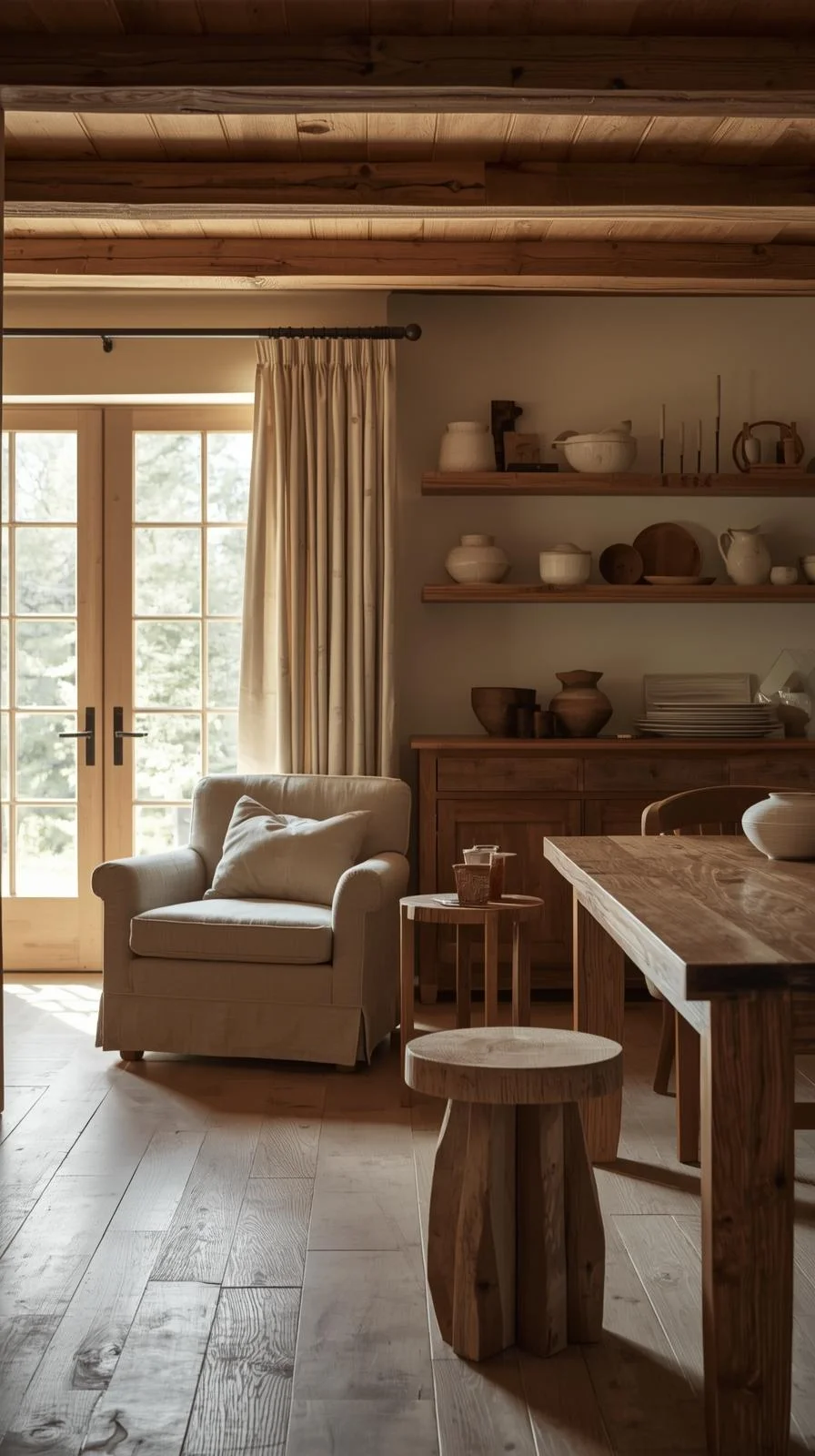 Earthy cottage home decor ideas with natural wood floors, exposed beams, and rustic oak furniture.