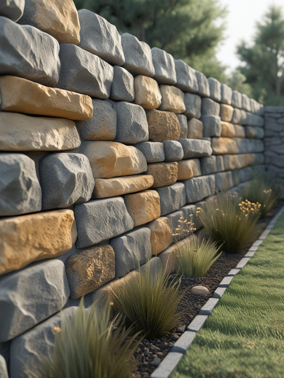 Natural stone wall fence in a backyard garden, featured in low maintenance backyard fencing ideas for lasting structure.
