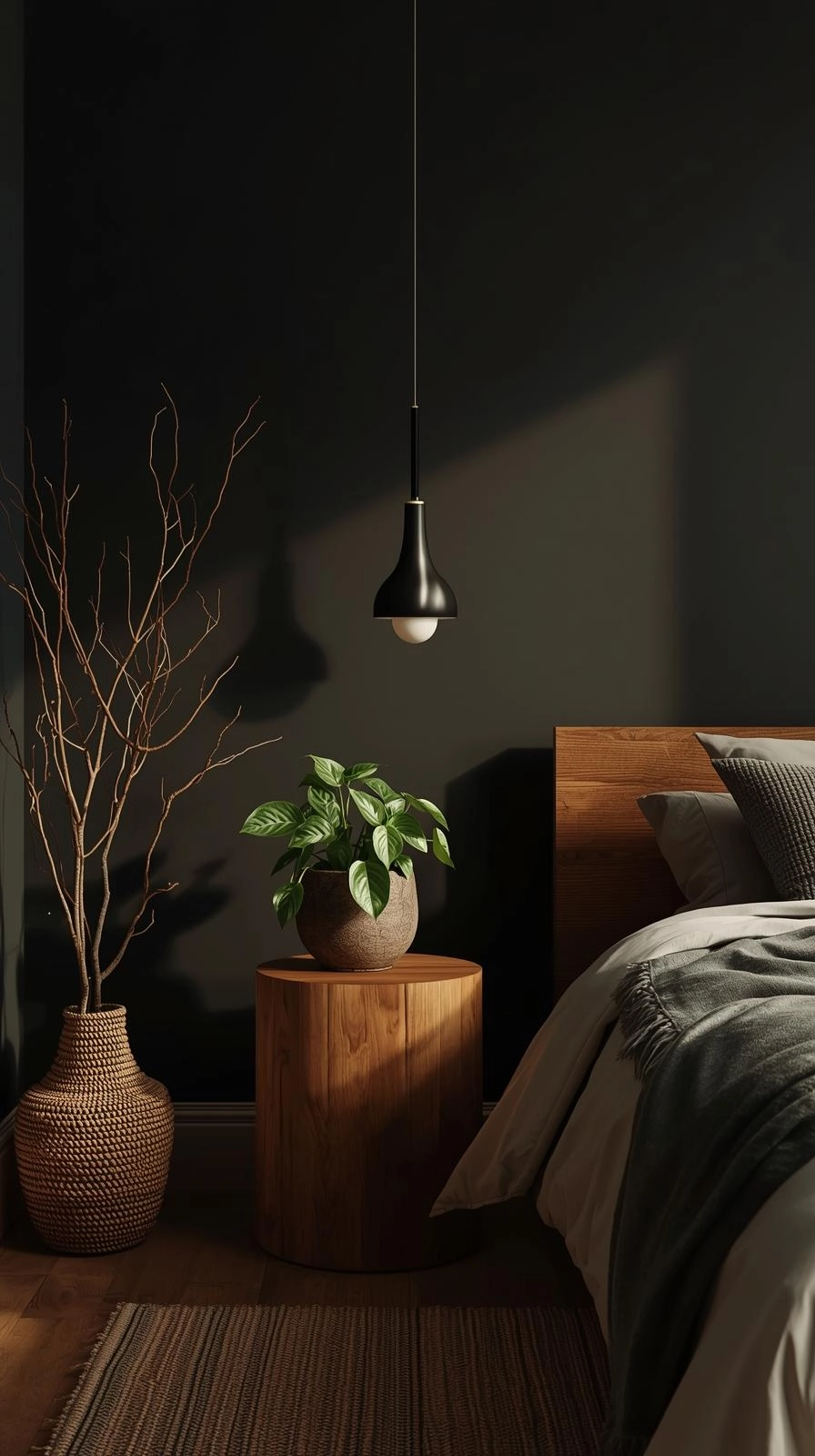 Cozy moody bedroom ideas with indoor plants, wooden furniture, and natural textures adding warmth and balance.