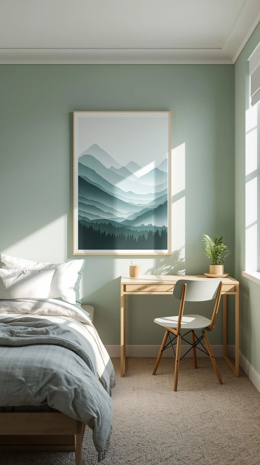 A calm dorm room with a large nature poster of mountains and trees, bringing peace and relaxation to a student’s space.
