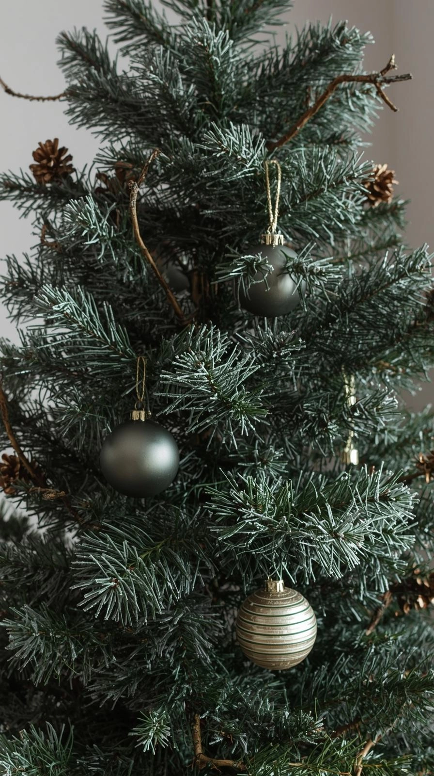 Artificial Christmas tree with realistic pine branches, soft frost, and matte ornaments showing 2025 Christmas tree trends.