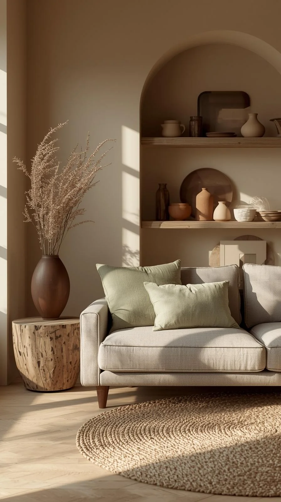 Earthy cottage home decor ideas with neutral tones in beige, sage green, terracotta, and soft gray.