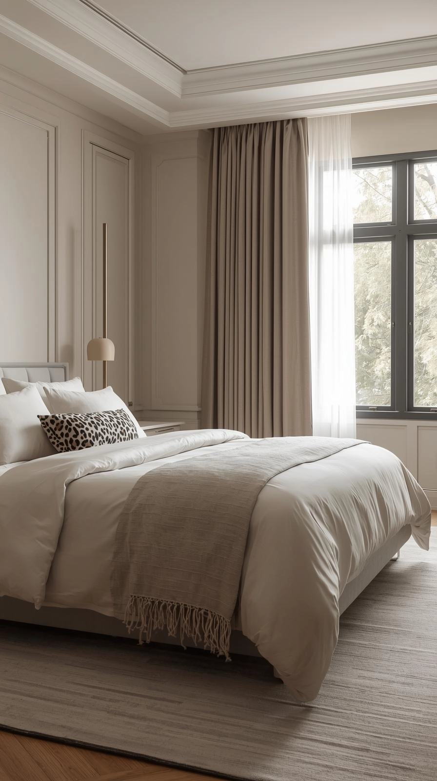 Neutral luxury bedroom with cream bedding and leopard accent pillow, showcasing elegant leopard room ideas bedrooms.