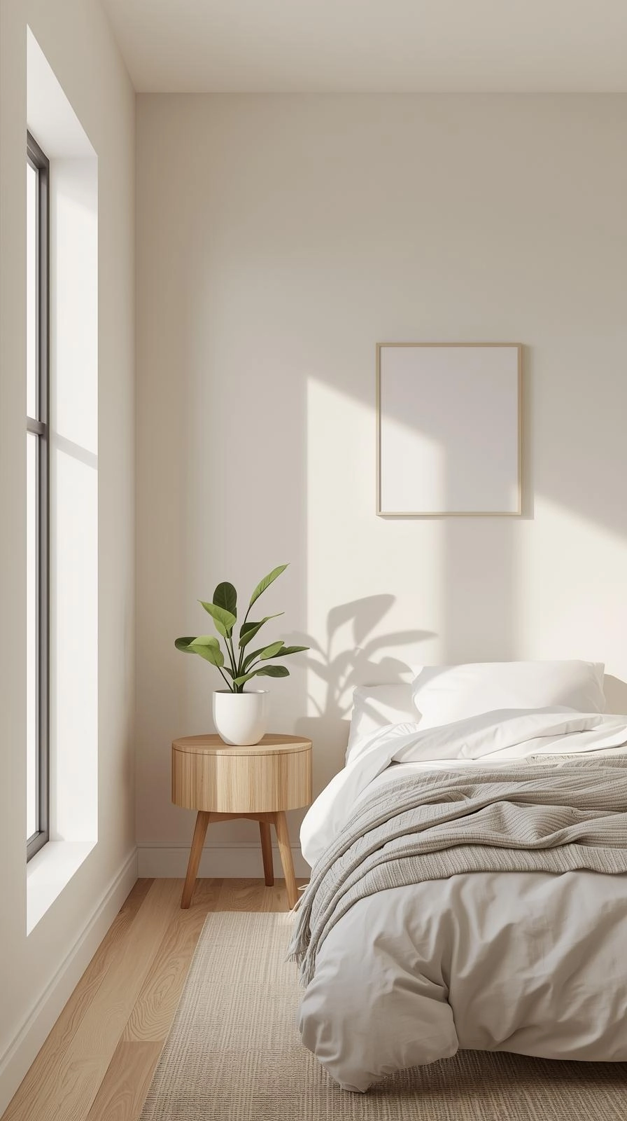 Teen bedroom design with neutral tones, soft beige walls, white bedding, and minimal accents for a calm and cozy look.