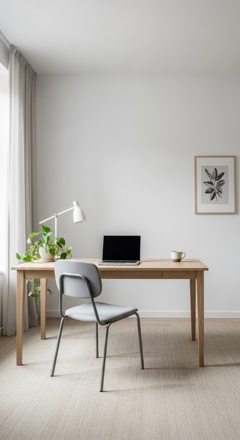 A Scandinavian home office with neutral colors, including white, beige, and gray, creating a calm and steady workspace.