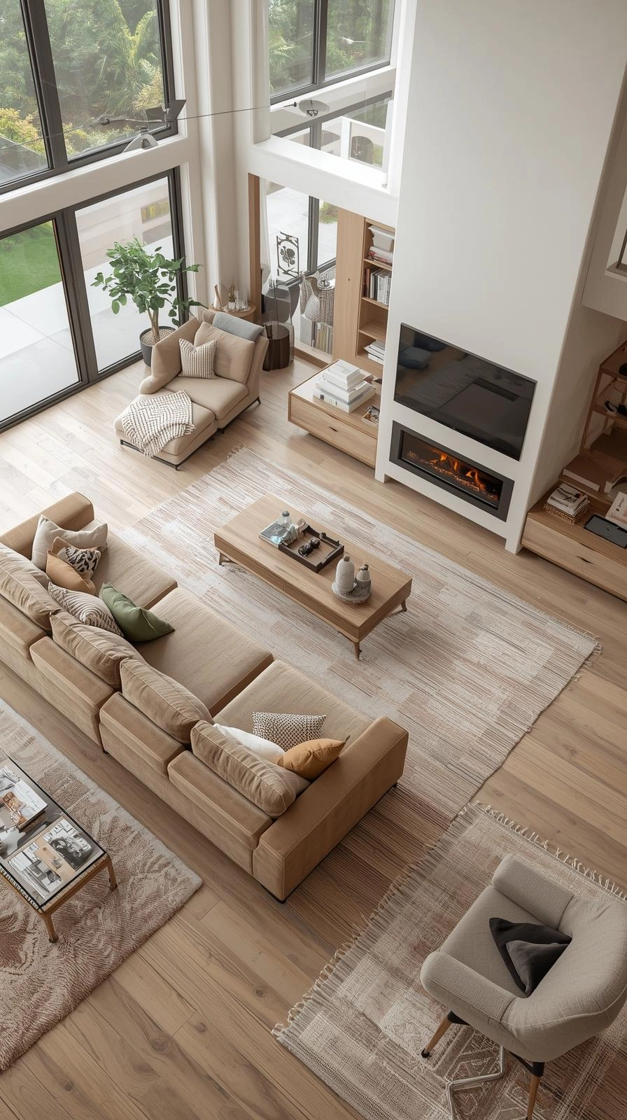 Modern multipurpose family hub with sectional sofa, fireplace, puzzle table, and reading corner in one open space.