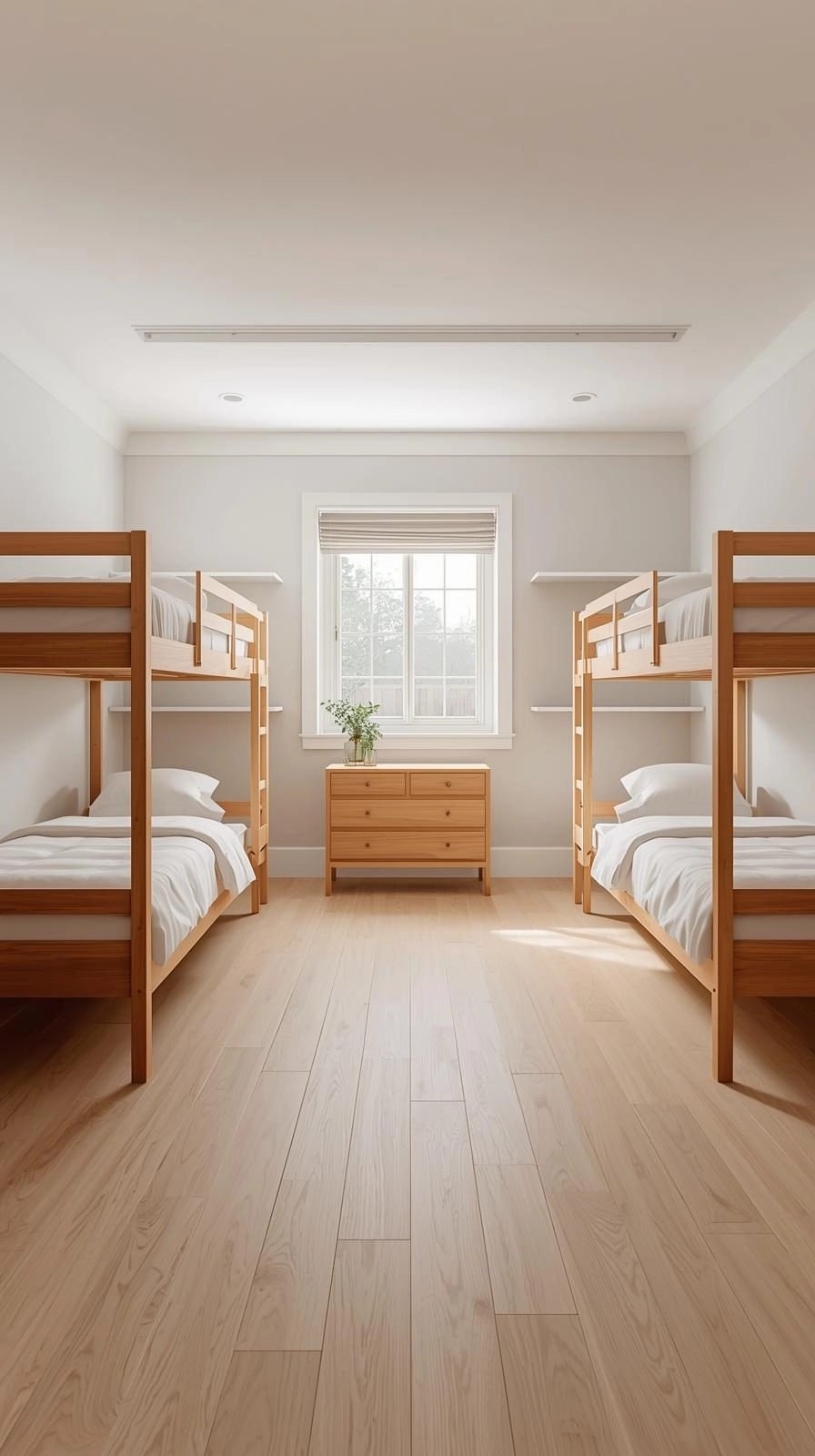 Open and balanced bunk bedroom decor ideas with wooden bunks, natural light, and simple furniture for a spacious, airy look.