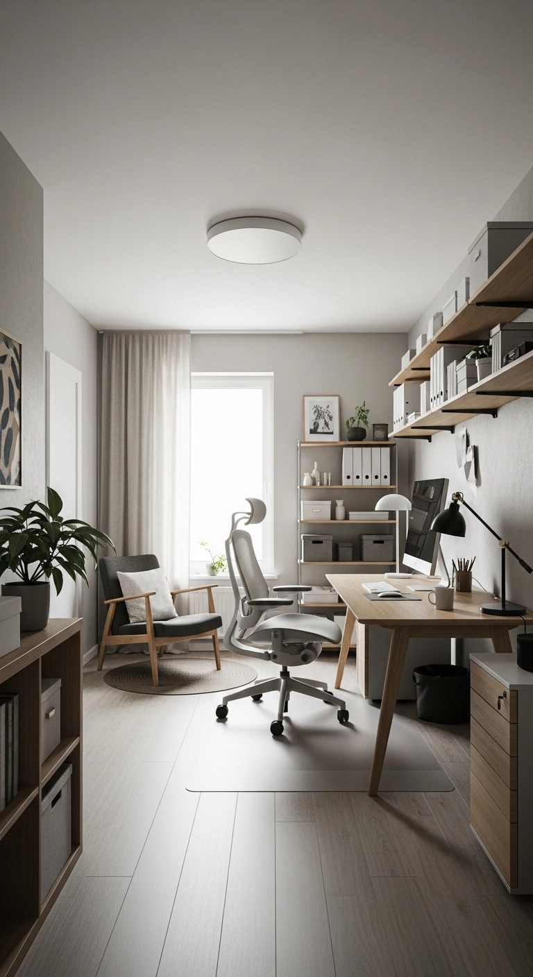 A Scandinavian home office with an open layout, clear pathways, and a reading corner that supports natural movement and calm workflow.