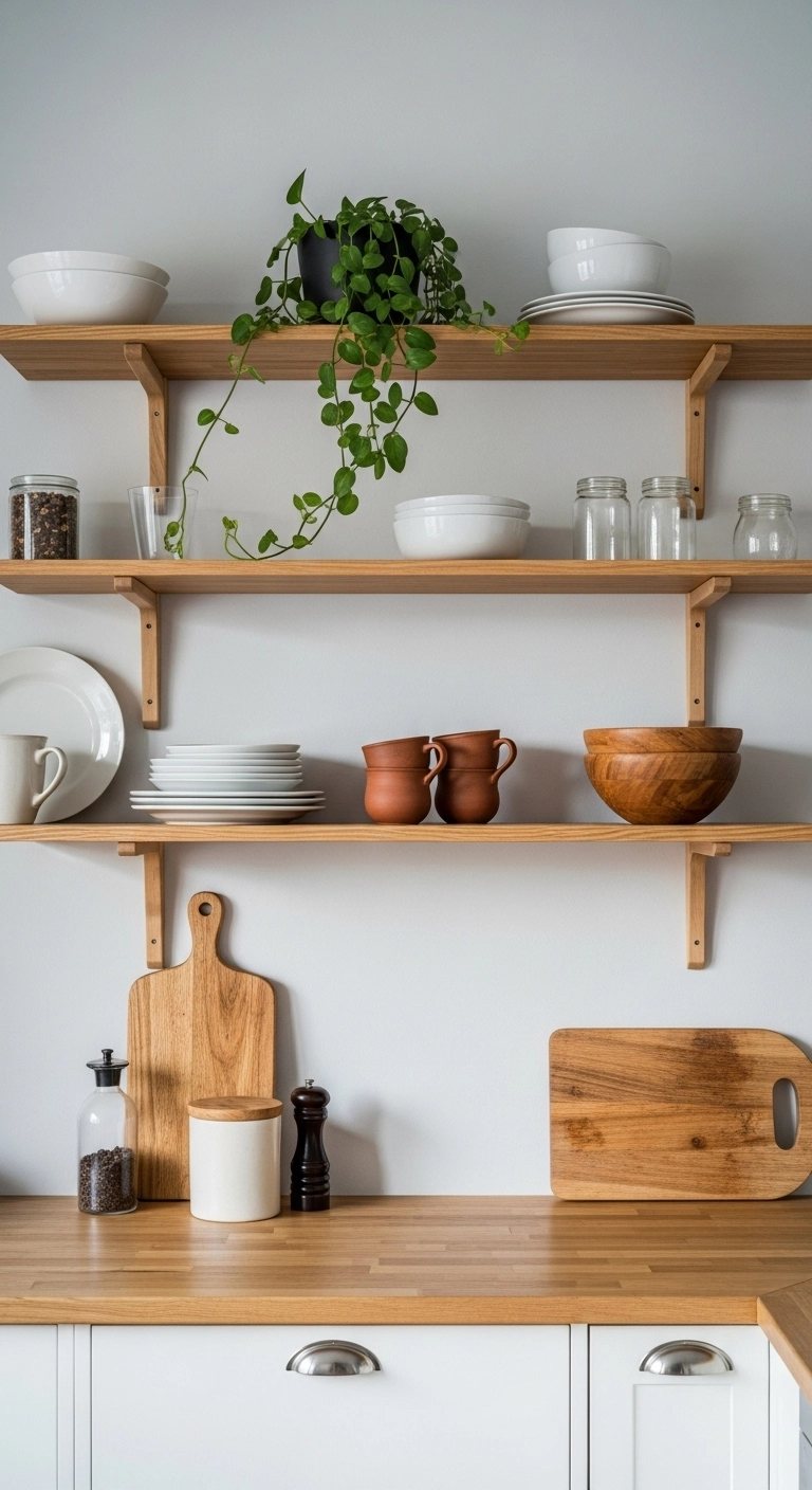Open wood shelves with simple everyday items in a bright Nordic kitchen showing warm Scandinavian kitchen ideas.