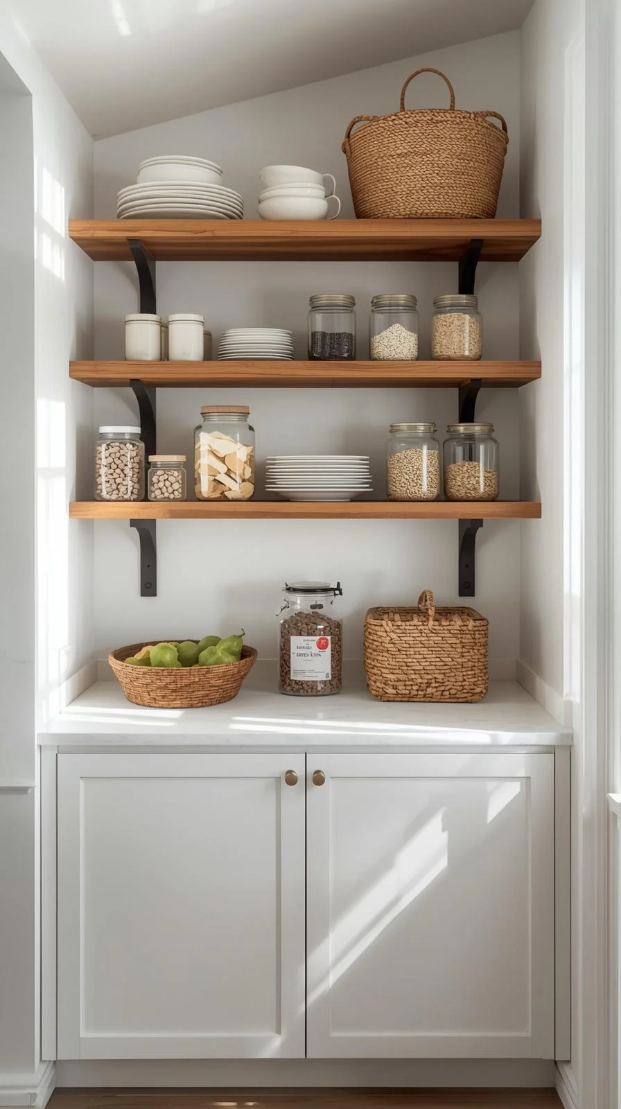 Small space kitchen storage ideas with open shelving displaying dishes, jars, and baskets to create an airy, organized space.