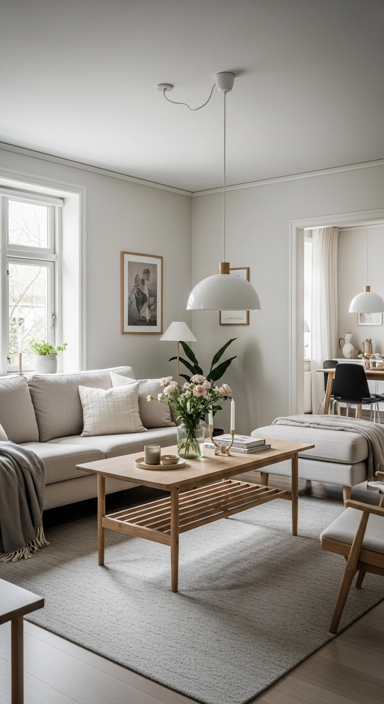 Open and breathable layout in a cozy Scandinavian living room with a naturally placed sofa and spacious walking areas.