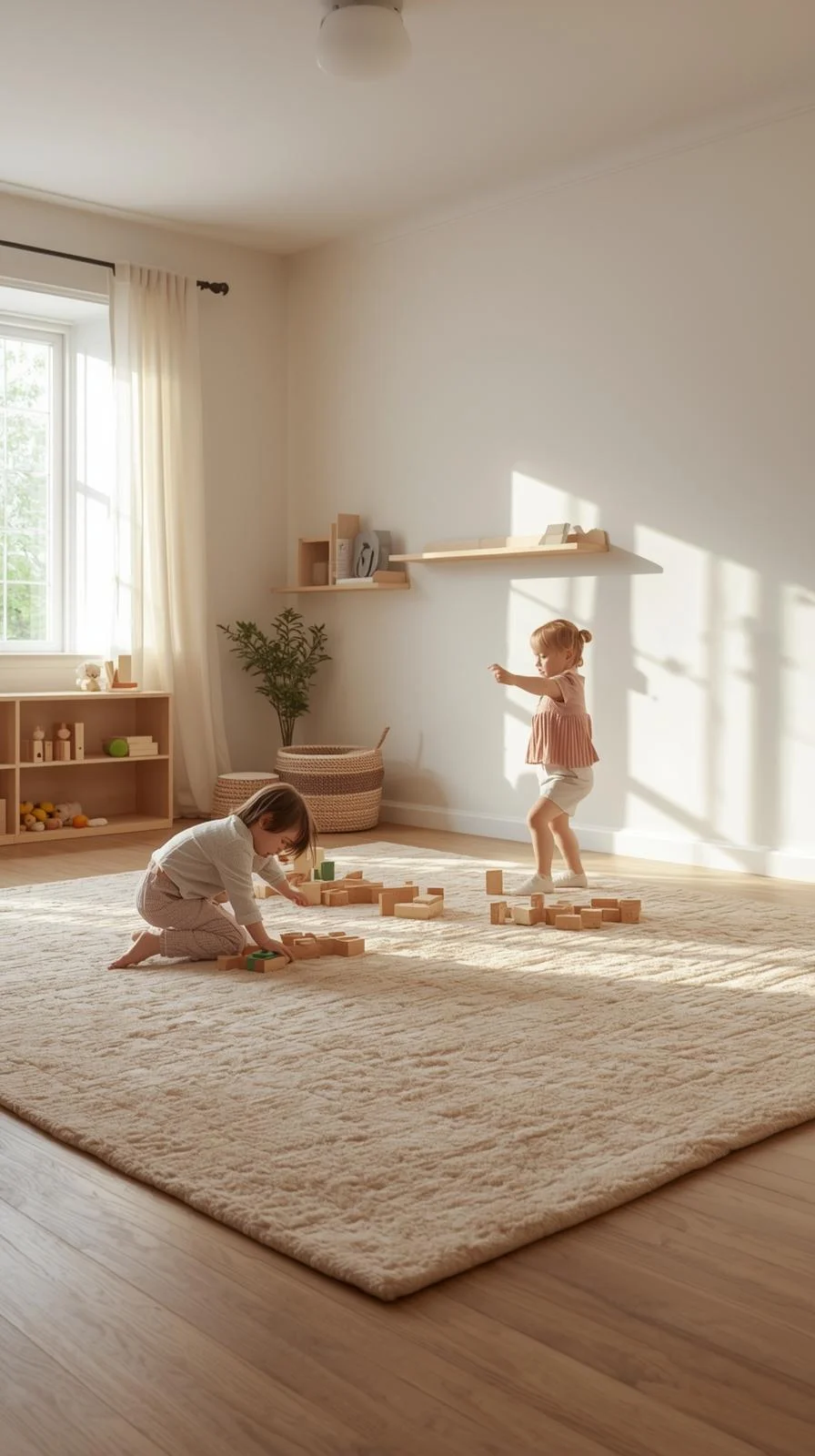 Open space Waldorf playroom setup with large wool rug and children playing freely on the floor.