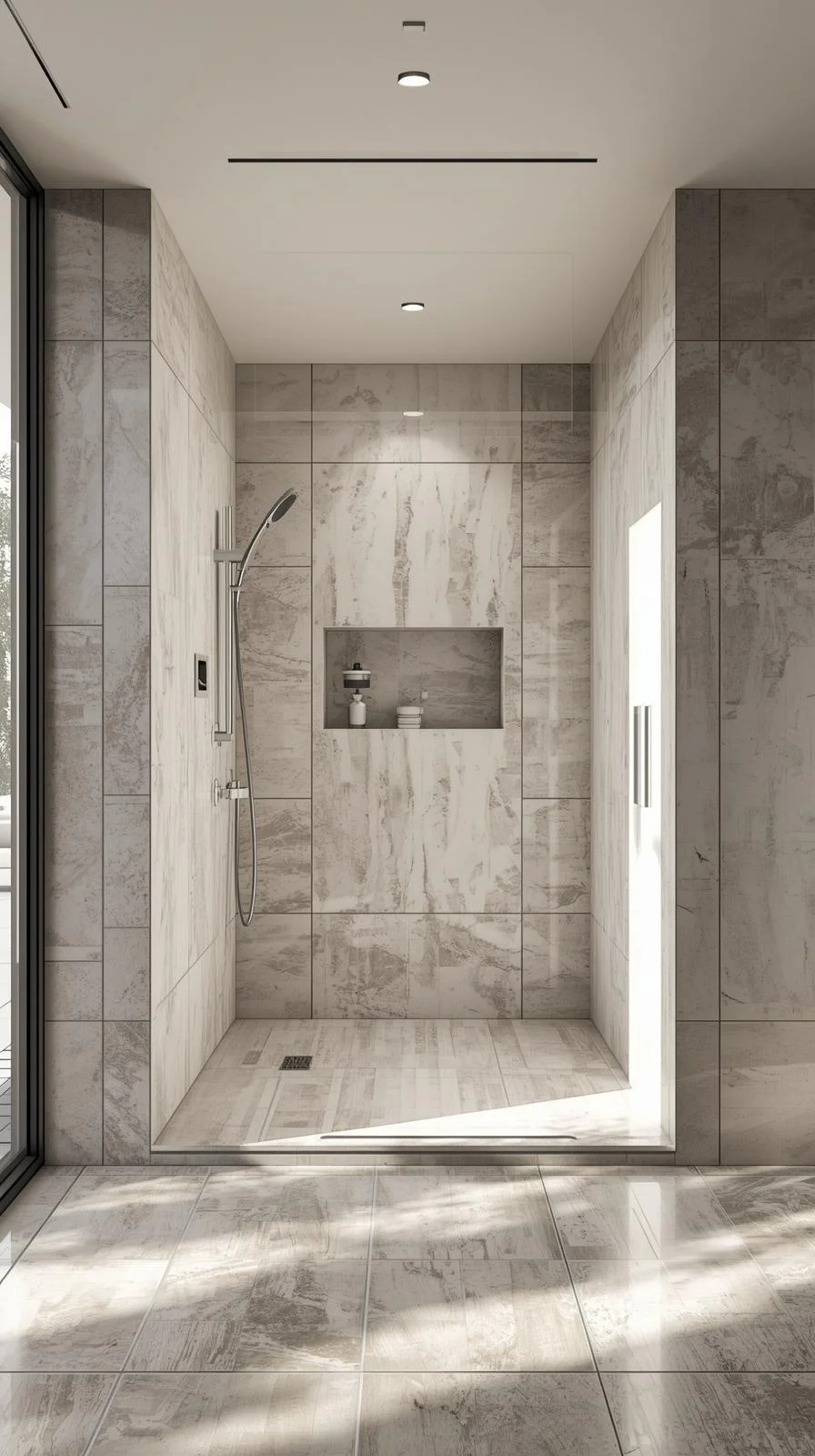 Open design walk in shower with wall no door ideas featuring seamless tiles and natural light in a modern bathroom.
