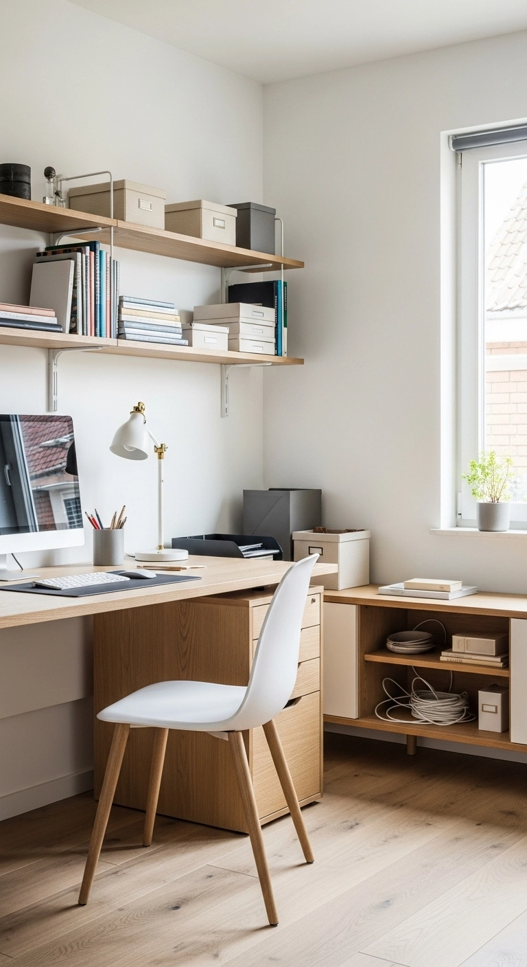 A Scandinavian home office with organized storage, including shelves and a simple cabinet that reduce clutter and daily stress.