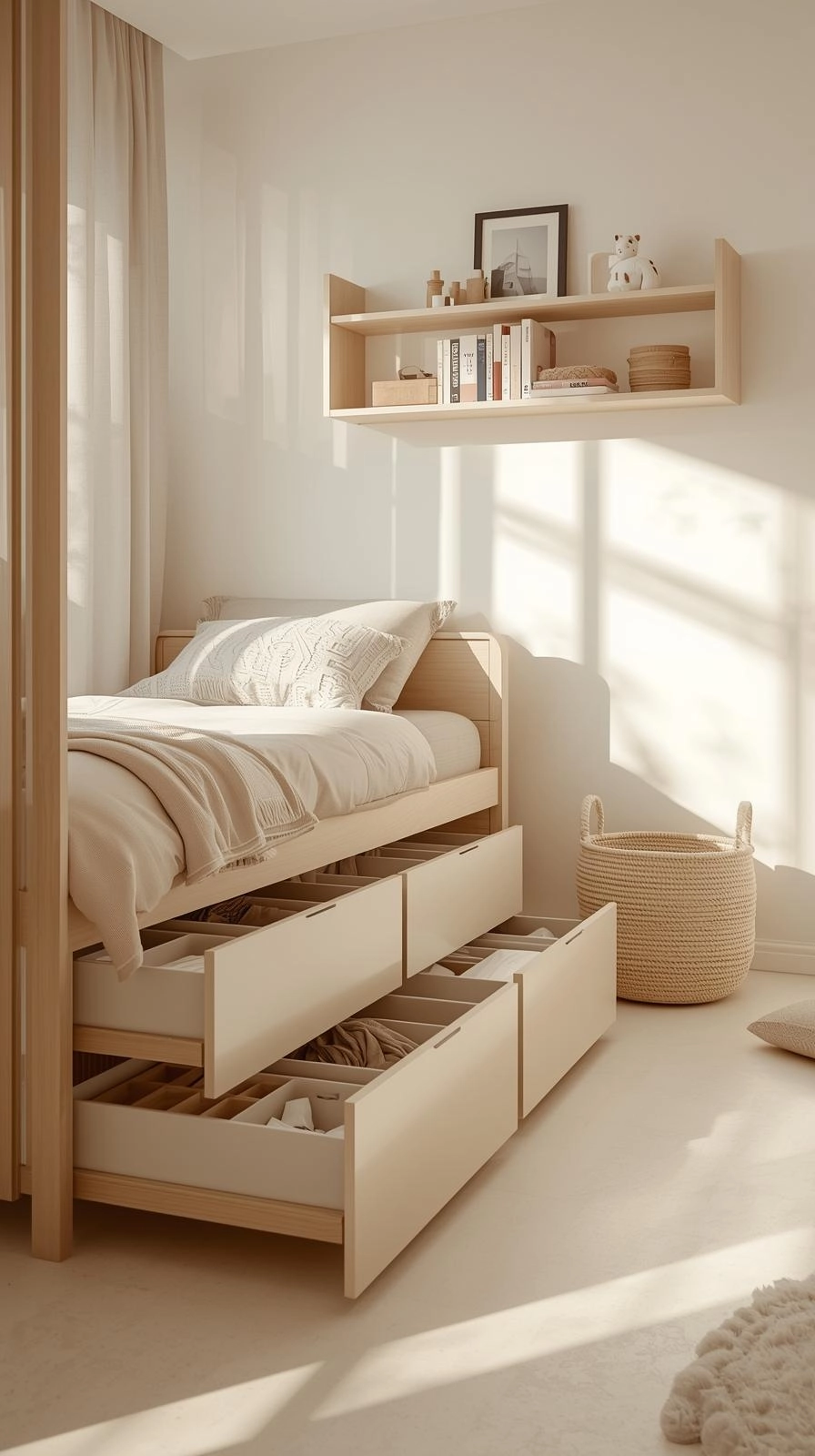 Teen bedroom design with under-bed storage, shelves, and a laundry basket to keep clutter out of sight.