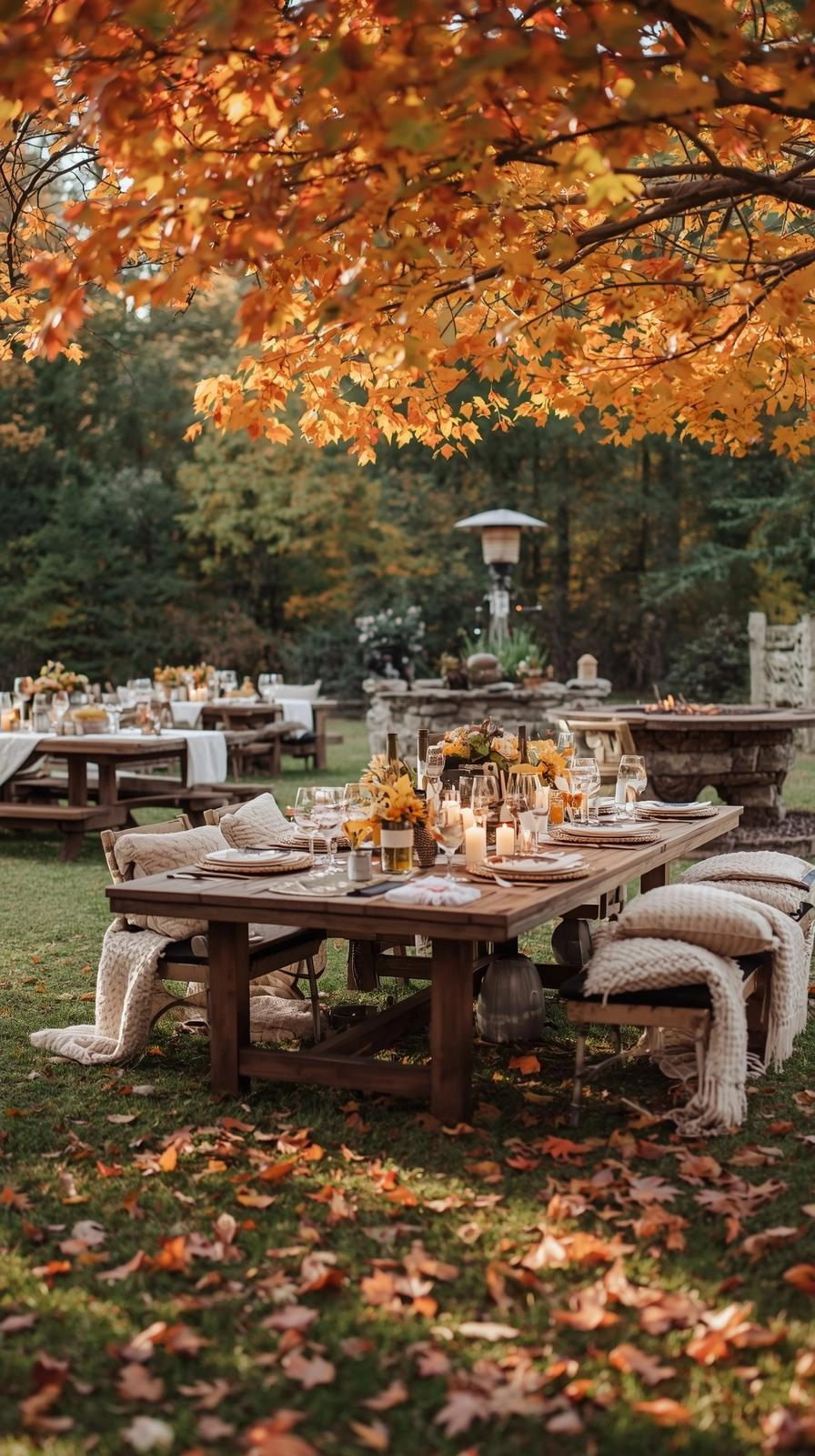 Outdoor fall baby shower with rustic tables, blankets, fire pit, and autumn leaves