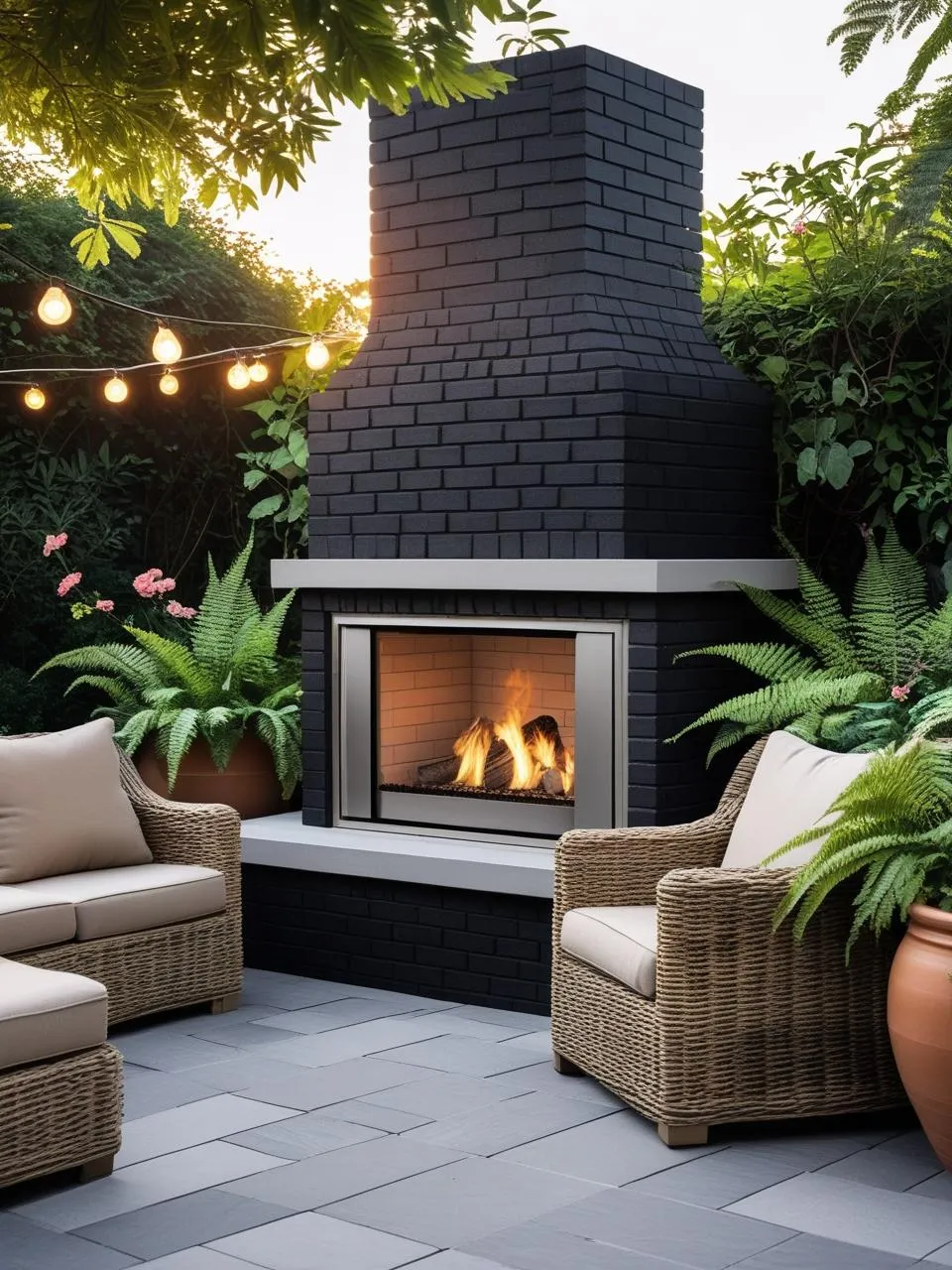 Outdoor black brick fireplace with seating area, light stone paving, and string lights for year-round enjoyment.