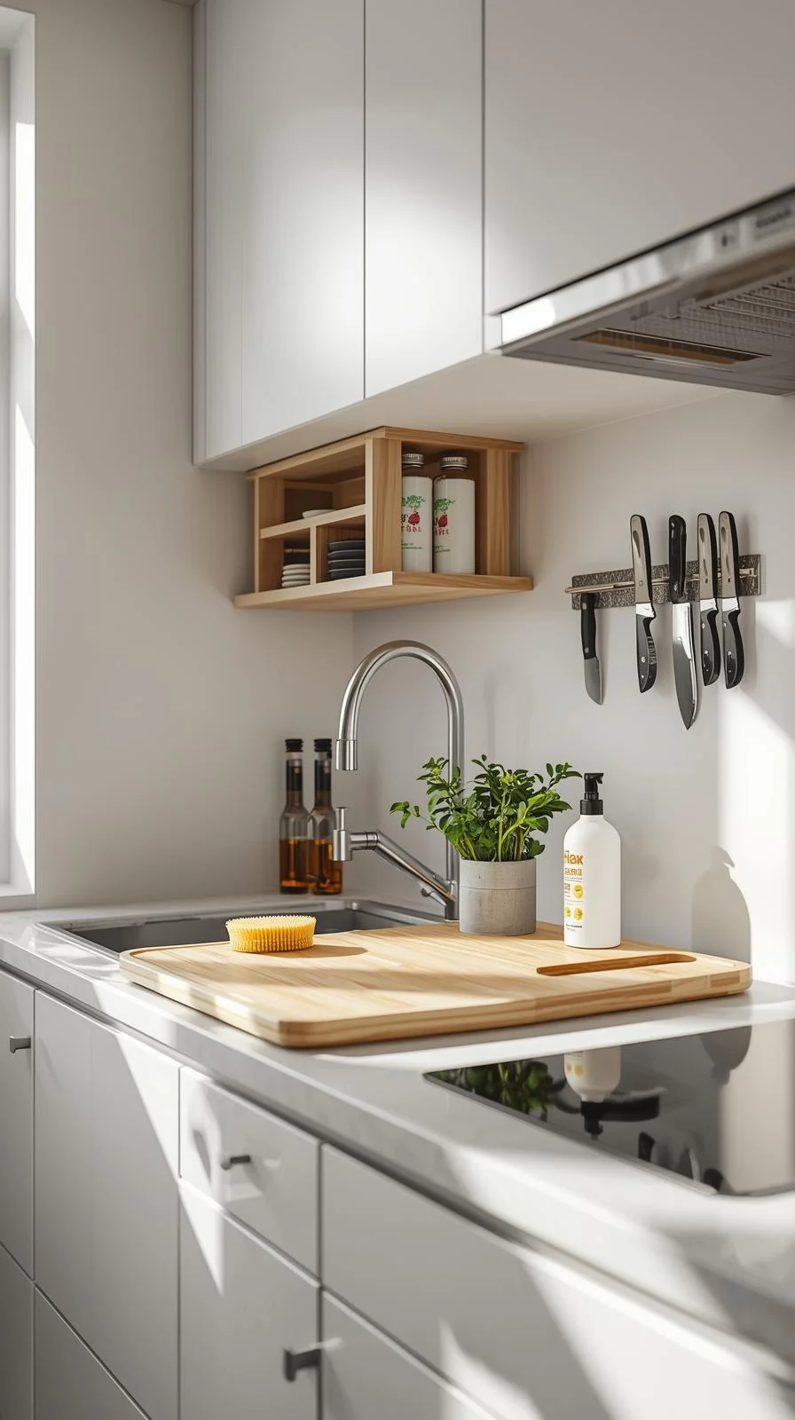 Small space kitchen storage ideas with over-the-sink shelves, magnetic knife strip, and stove spice rack for extra efficiency.