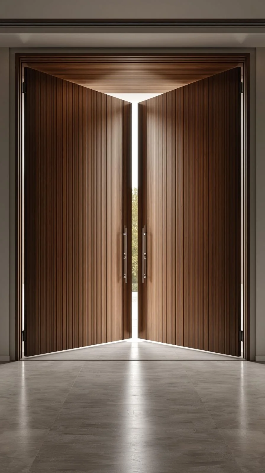 Oversized pivot double door entryway with dark wood panels creating a bold modern statement for a luxury home.