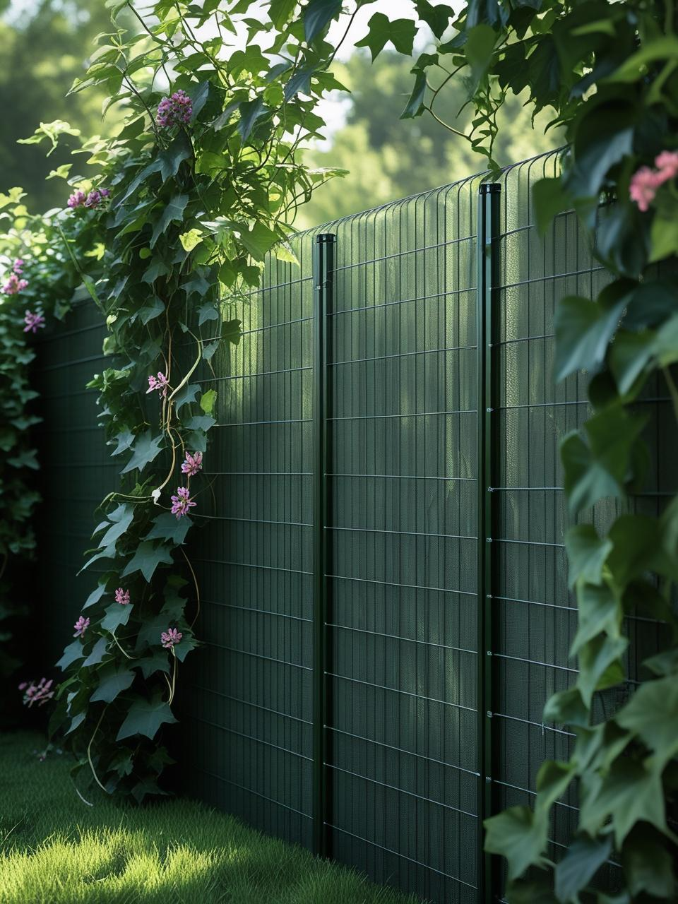 PVC-coated green wire fence blending into backyard plants, featured in low maintenance backyard fencing ideas.