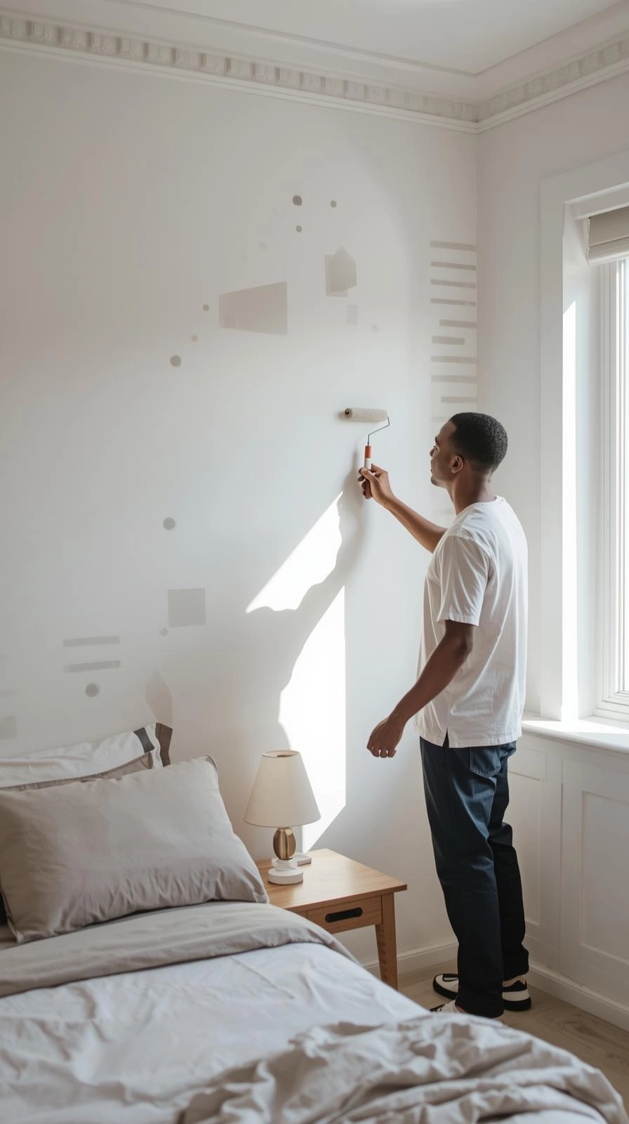 Decorating ideas for bedroom walls with hand-painted patterns using stencils and rollers.