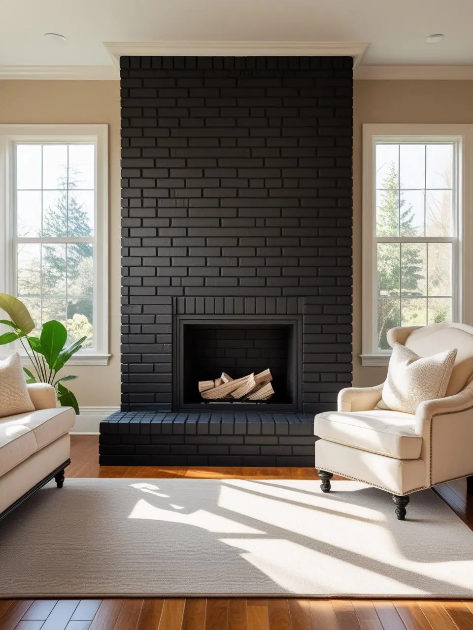 Painted black brick fireplace with matte finish, giving an older living room a fresh, modern update.