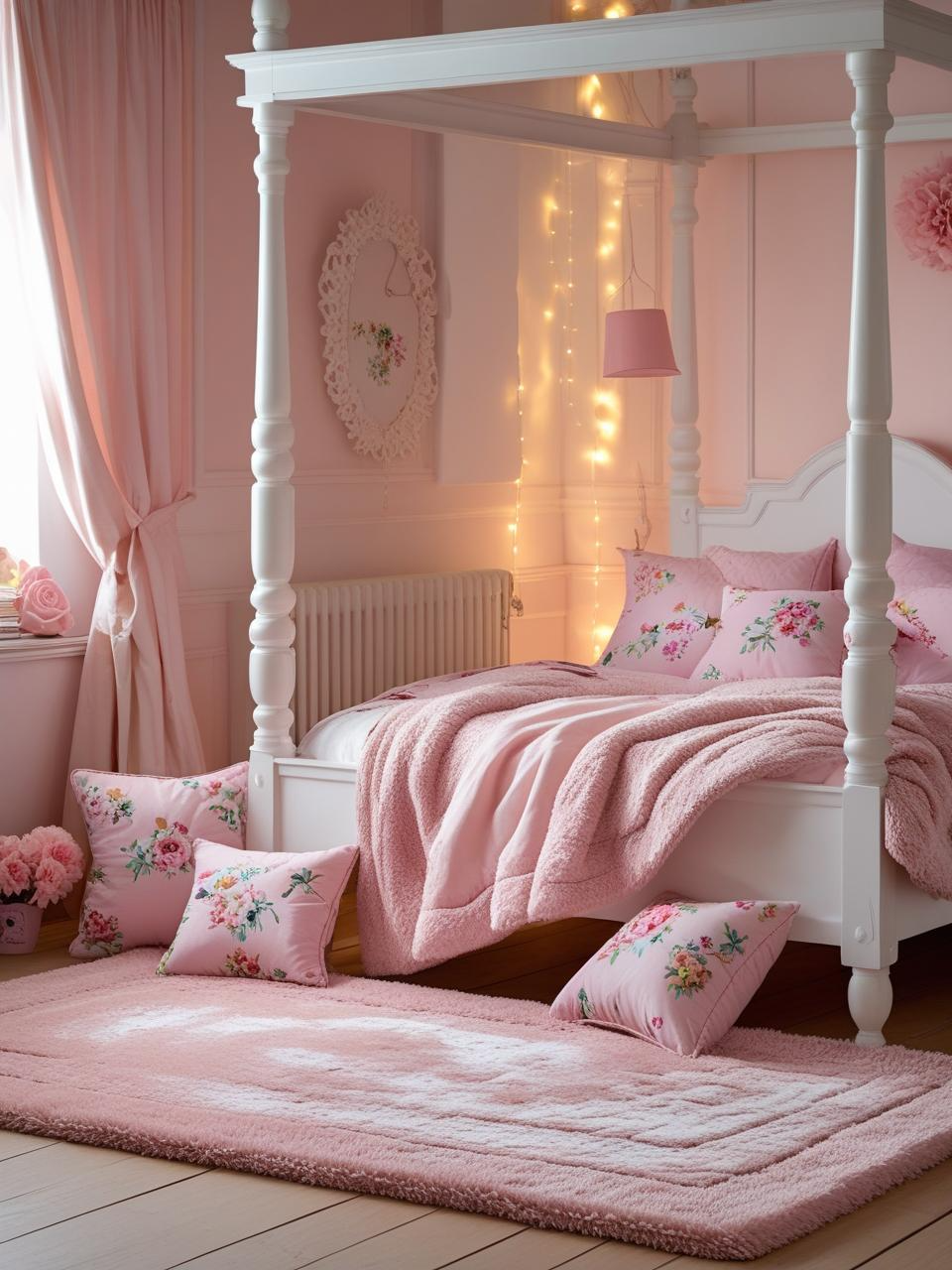 Pastel area rug in a girly bedroom aesthetic with wooden floors and cozy feminine décor.