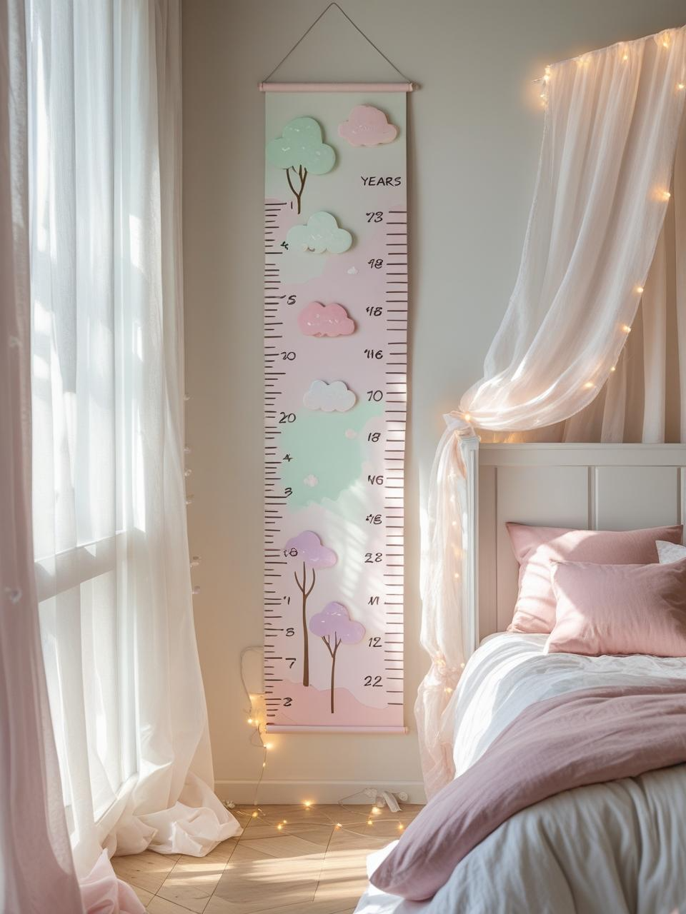 Pastel growth chart with clouds and trees in a girly bedroom aesthetic beside blush bedding and fairy lights.