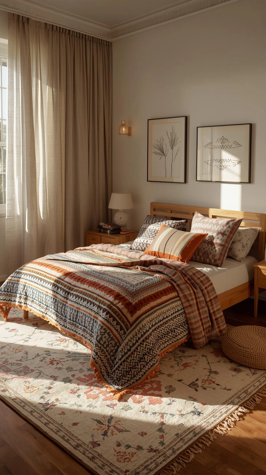 Boho maximalist bedroom mixing stripes, florals, and geometric patterns with natural fabrics and warm tones.