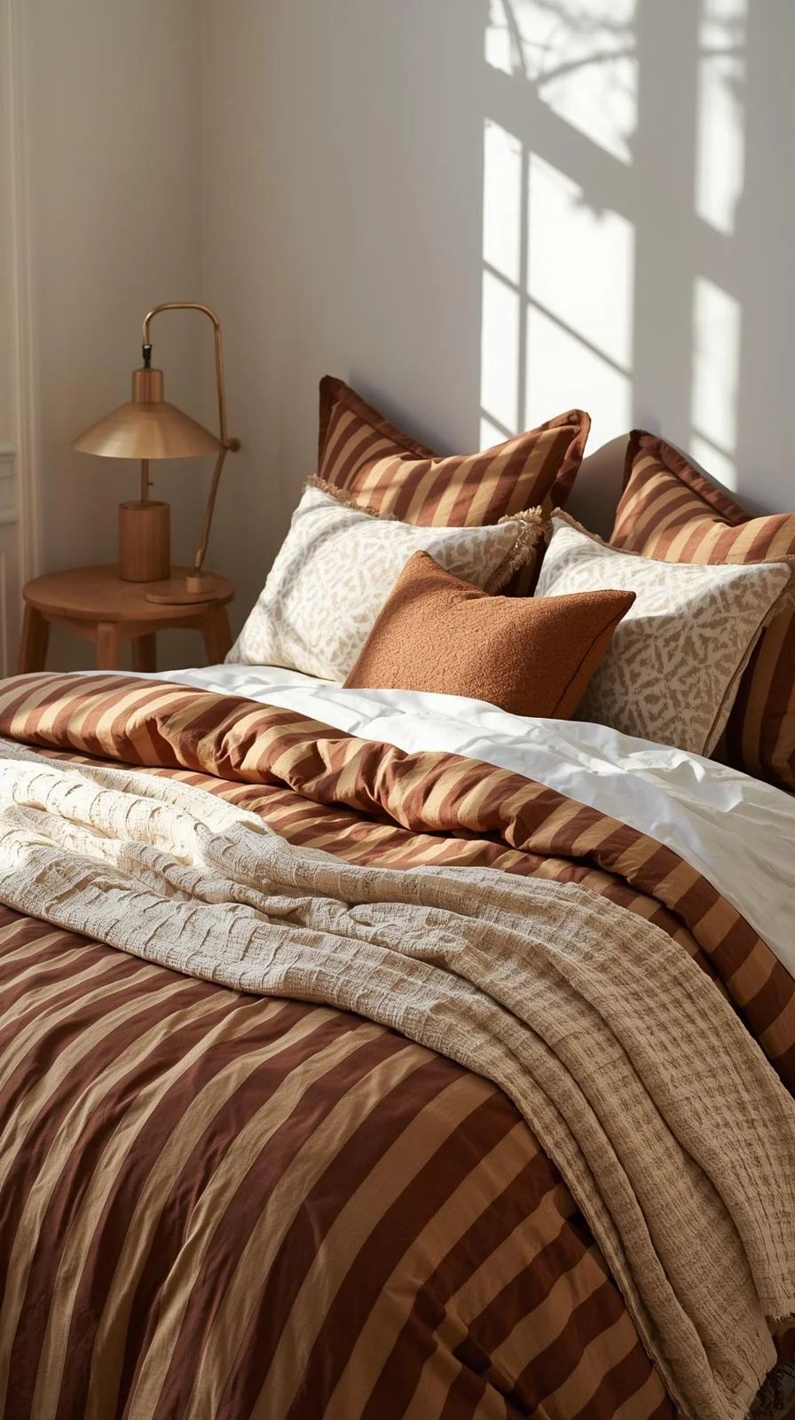 Brown bedding aesthetic with striped tan and chocolate duvet and cream geometric pillows for a stylish patterned bedroom look.