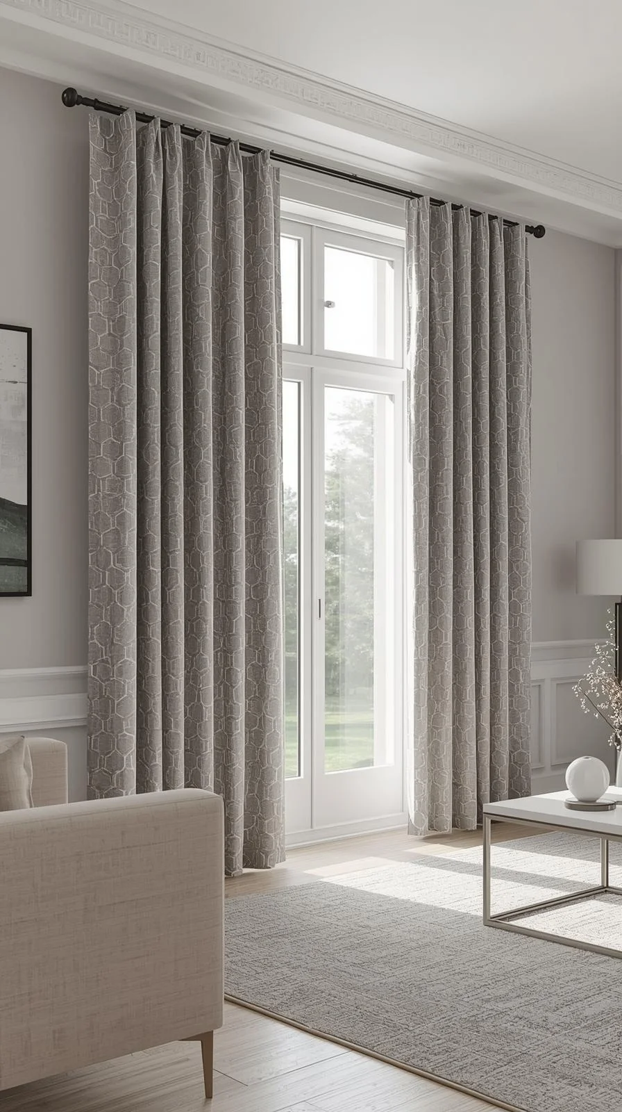 Patterned curtains for living room windows adding personality and style to a neutral modern home.