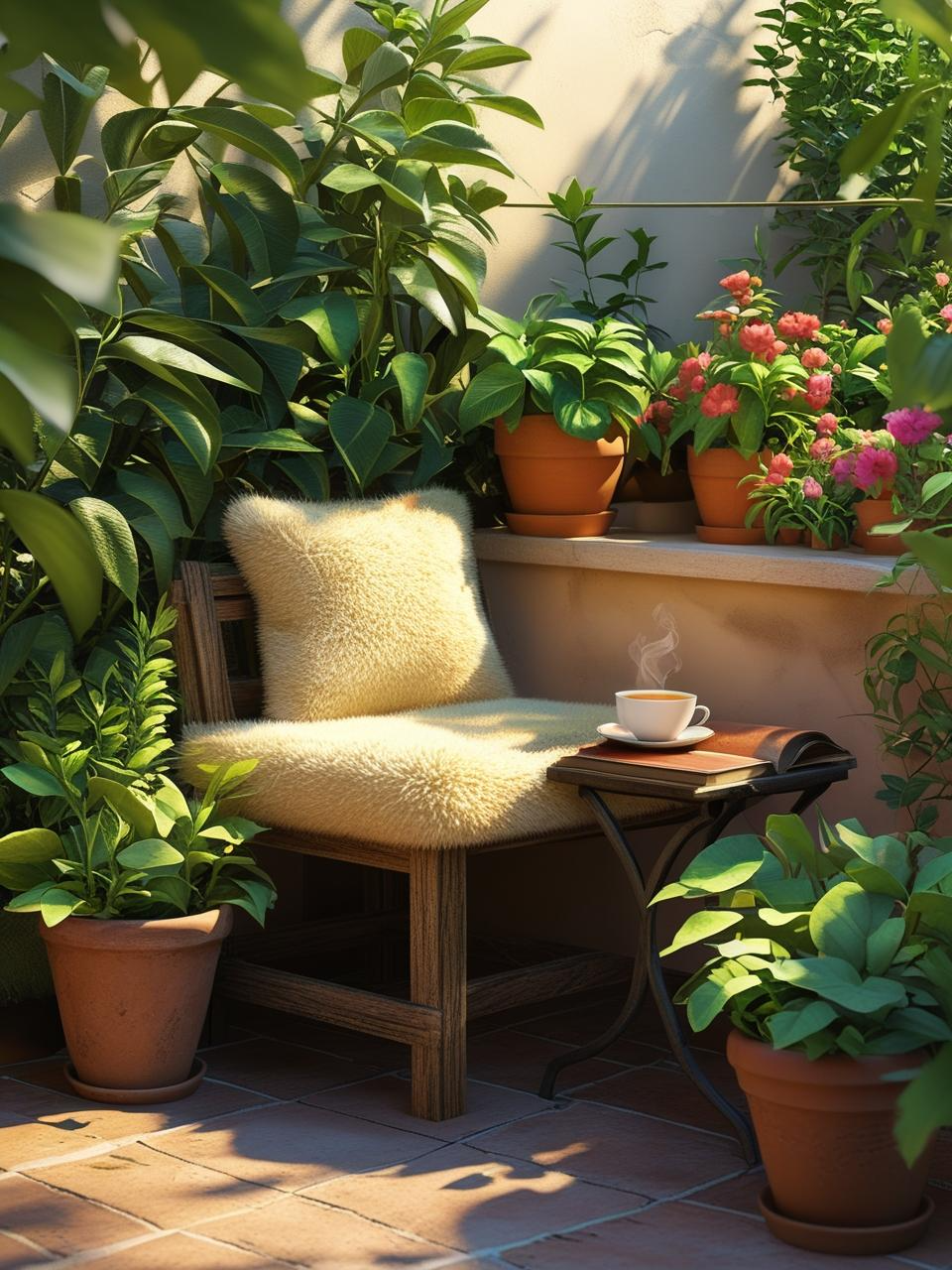 Peaceful seating corner in a thriving terrace garden with a bench and surrounding greenery.