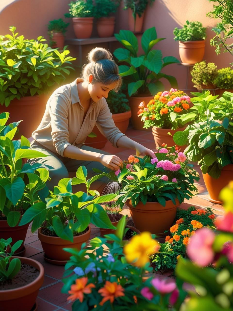 Person checking on healthy plants in a thriving terrace garden with sunlight and greenery.