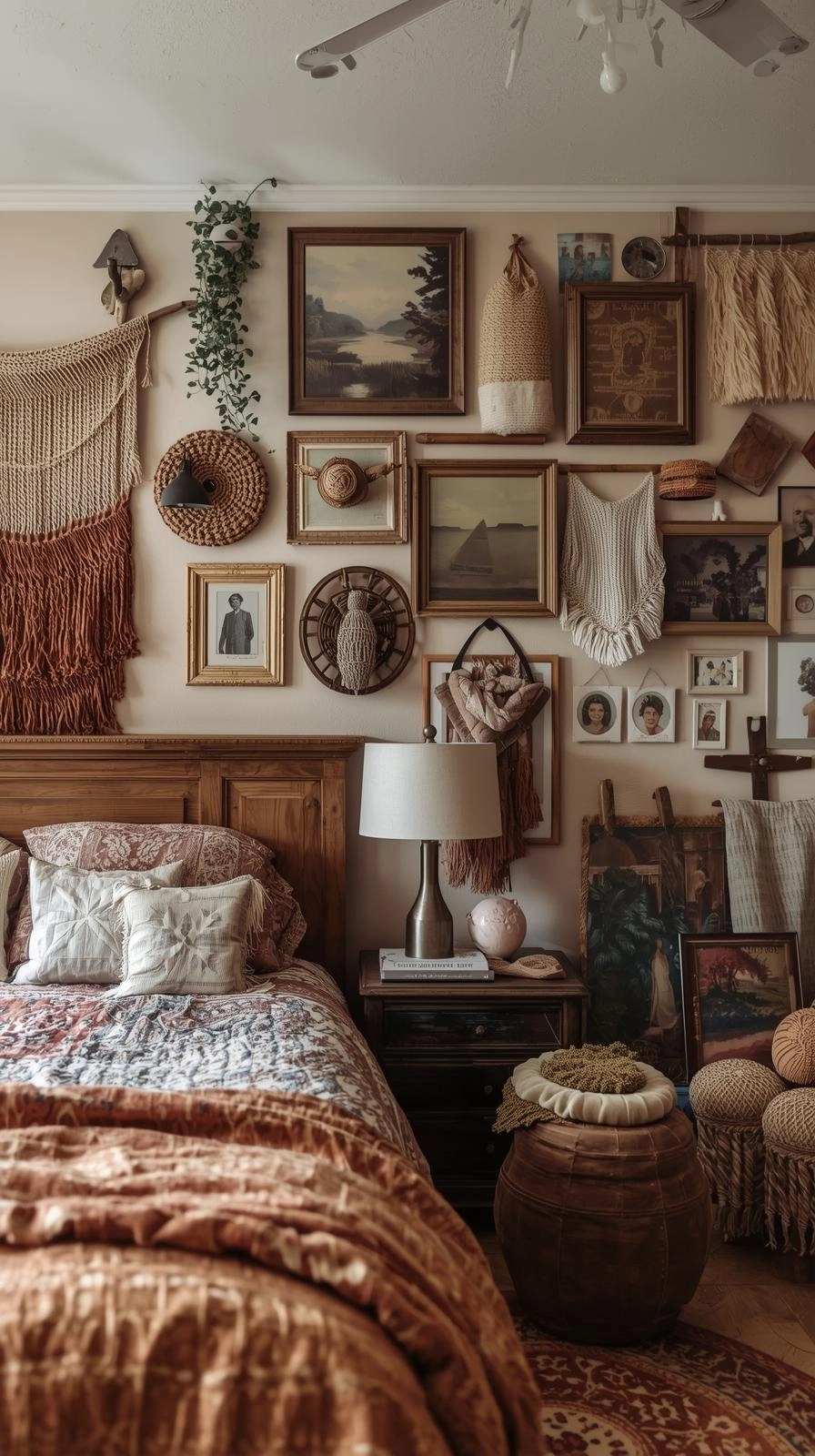 Boho maximalist bedroom with layered art prints, vintage frames, and relaxed gallery wall decor.