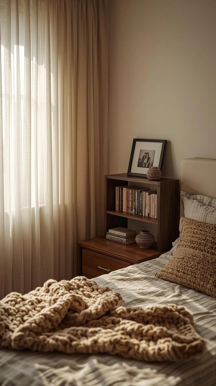 Personal decor ideas for apartments bedroom with handmade blanket, family photo, and book collection for a cozy touch.