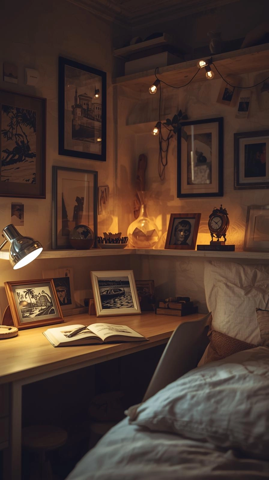 Cozy dorm room with personal touches like photos, books, and keepsakes showing unique dorm room decoration ideas.