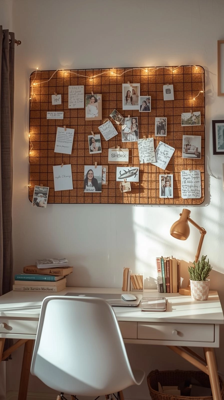 Girls dorm room with a corkboard memory wall decorated with photos, notes, and keepsakes above a tidy desk for personal dorm decor ideas.