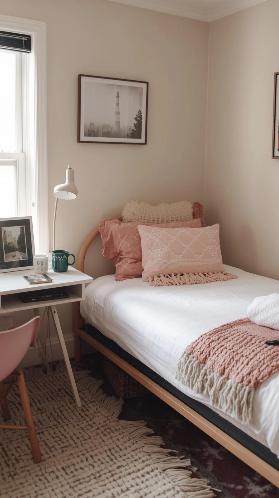 Girls dorm room with personal touches like photos, mugs, and blankets showing cozy and authentic dorm decor ideas.
