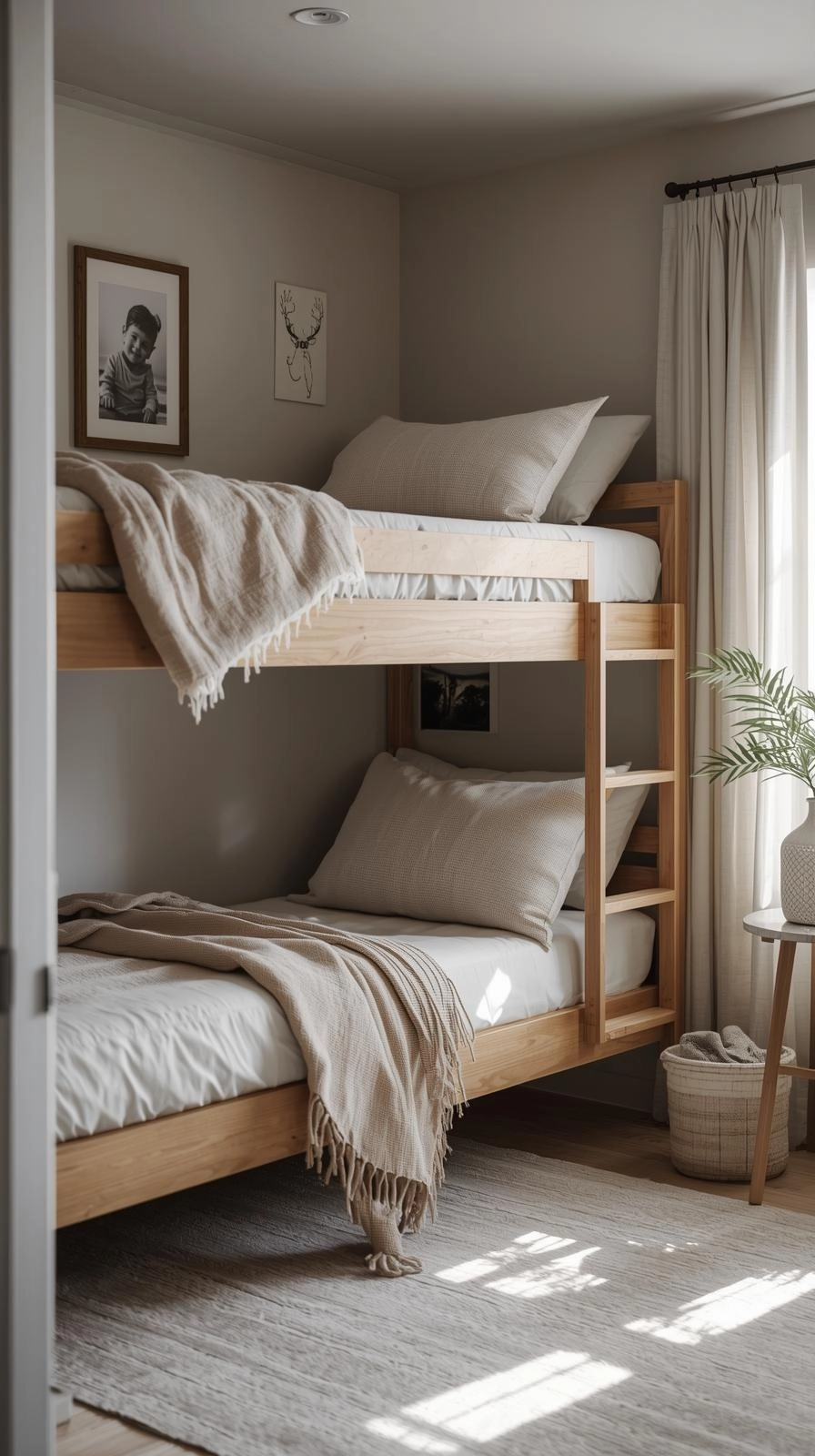 Bunk bedroom decor ideas with personal touches like family photos, handmade blankets, and framed drawings for warmth and character.