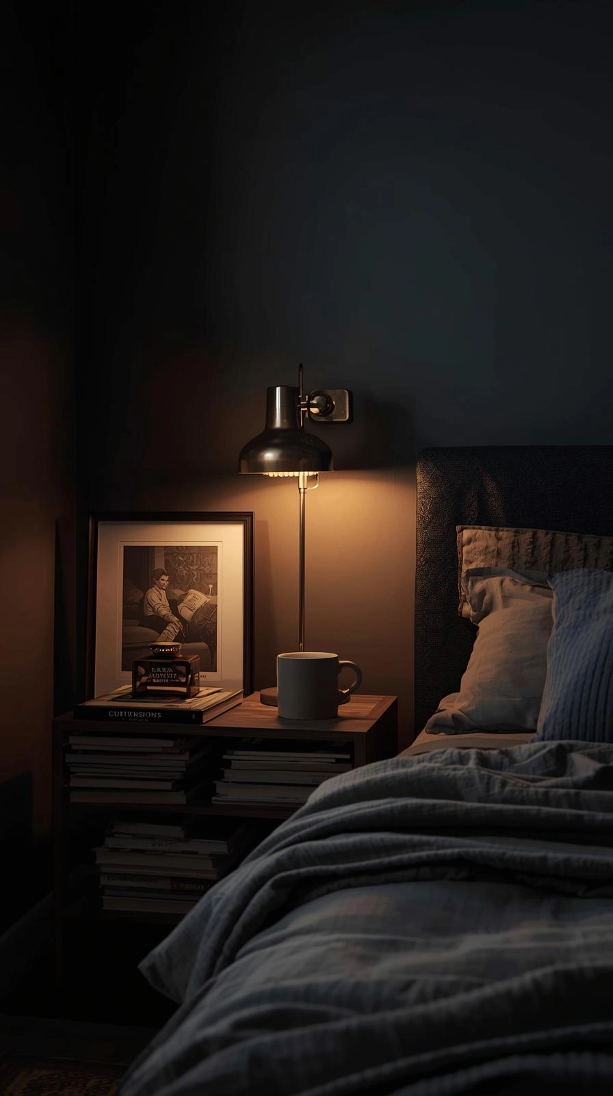 Cozy moody bedroom ideas with personal decor like books, art, and vintage details creating warmth and character.