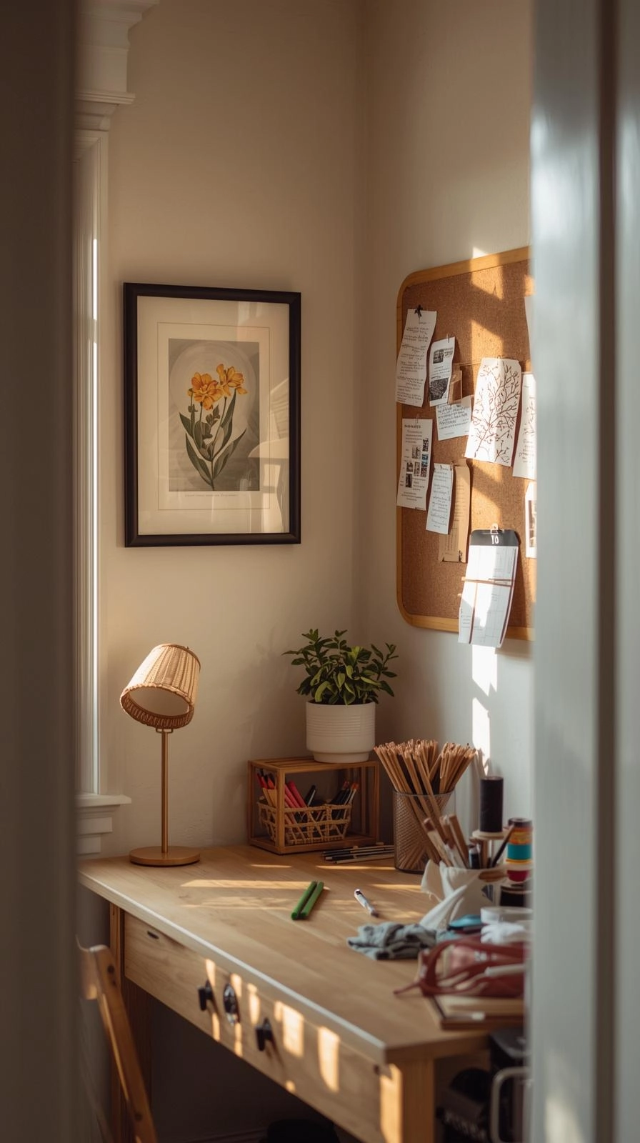 Small craft room with personal touches like framed art, a plant, and inspiration board in a cozy creative space.