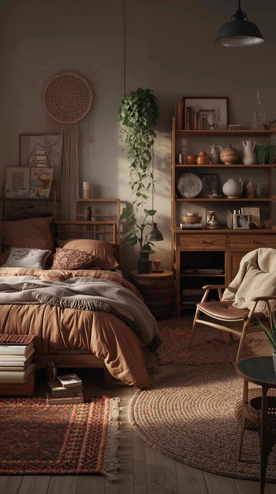 Boho maximalist bedroom with personal decor, books, pottery, and layered textures for a lived-in, authentic feel.