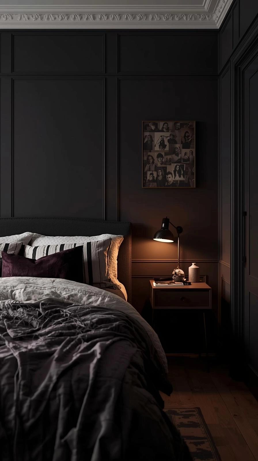 Dark feminine bedroom with personal touches like photos, books, and vases creating a lived-in, cozy feel.
