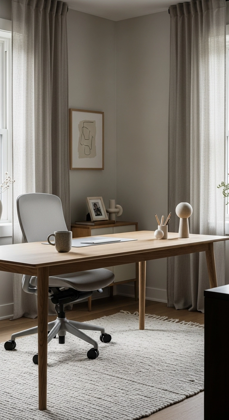 A Scandinavian home office with subtle personal touches, including framed photos and minimal décor, creating a calm and personal workspace.