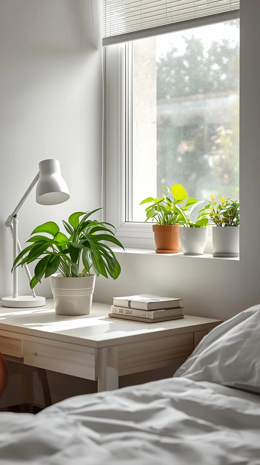 College dorm room decor ideas with potted plants on the desk and windowsill adding freshness and life.